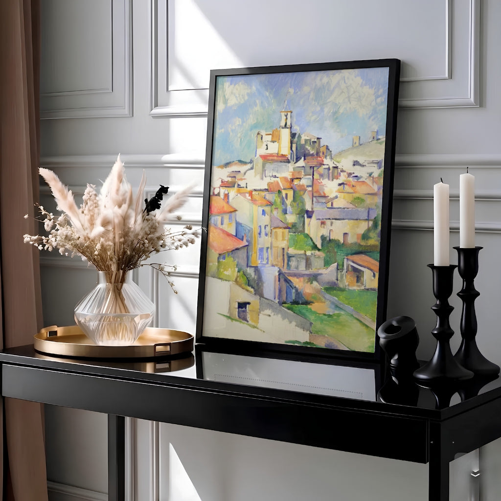 Classical Provençal landscape print of Paul Cezanne Gardanne 1885 capturing a hillside village in Gardanne France near Aix-en-Provence. Select custom framed wall art, unframed paper poster prints, or gallery canvas formats at MapYourDreams for a cohesive fine art gallery display.