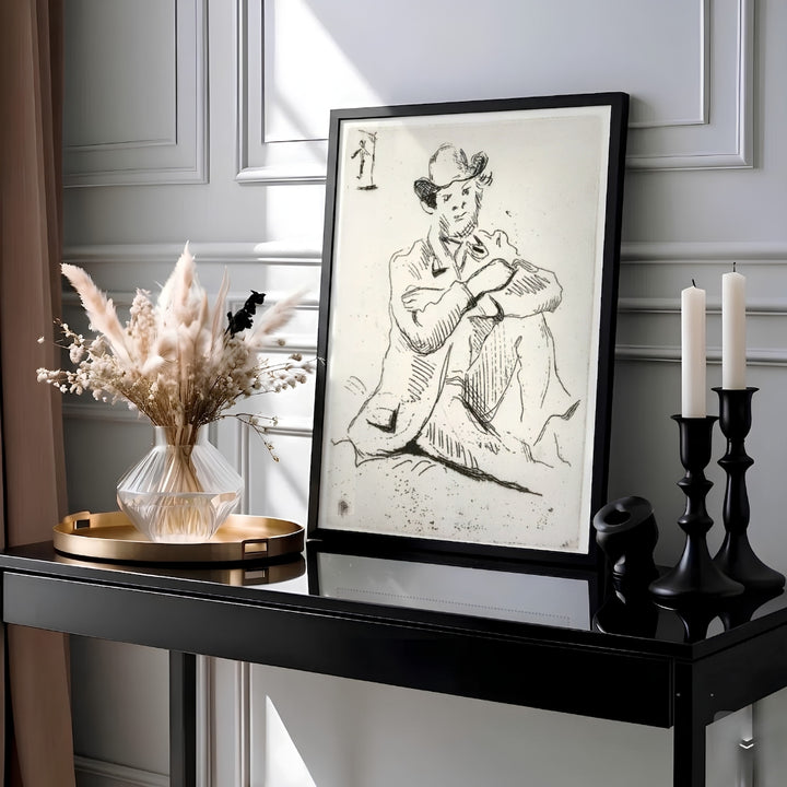 Minimalist black line wall decor poster of Paul Cezanne Guillaumin With Hanged Man 1873 made in Auvers-sur-Oise France showing detailed cross-hatching. MapYourDreams offers elegant framed prints, unframed paper posters, and stretched canvas art prints for modern room layouts.