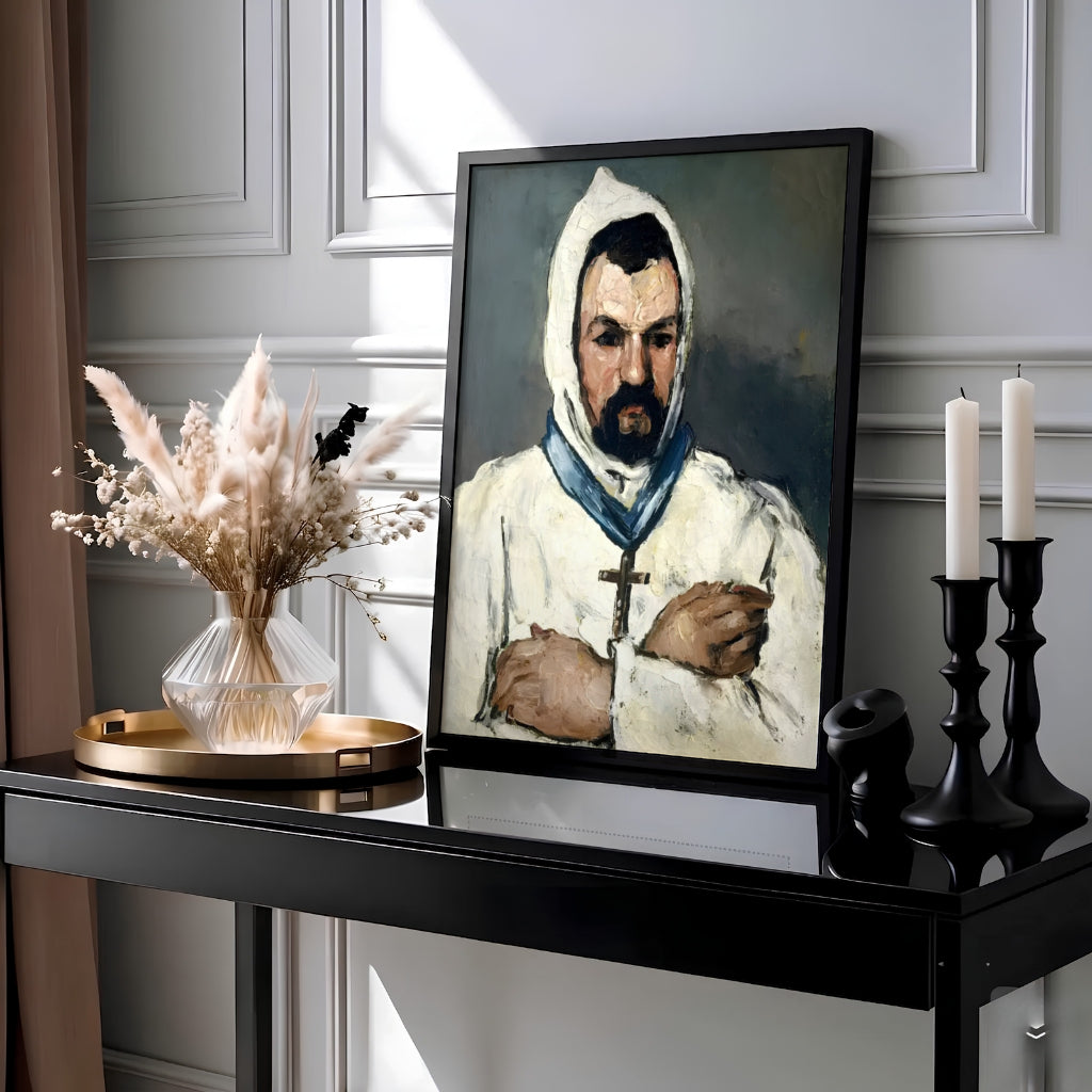 Dramatic portrait wall decor poster of Paul Cezanne Uncle Dominique As A Monk 1866 painted in Aix-en-Provence France featuring heavy palette knife impasto textures. MapYourDreams offers elegant framed prints, unframed paper posters, and stretched canvas art prints for dark academia interiors.