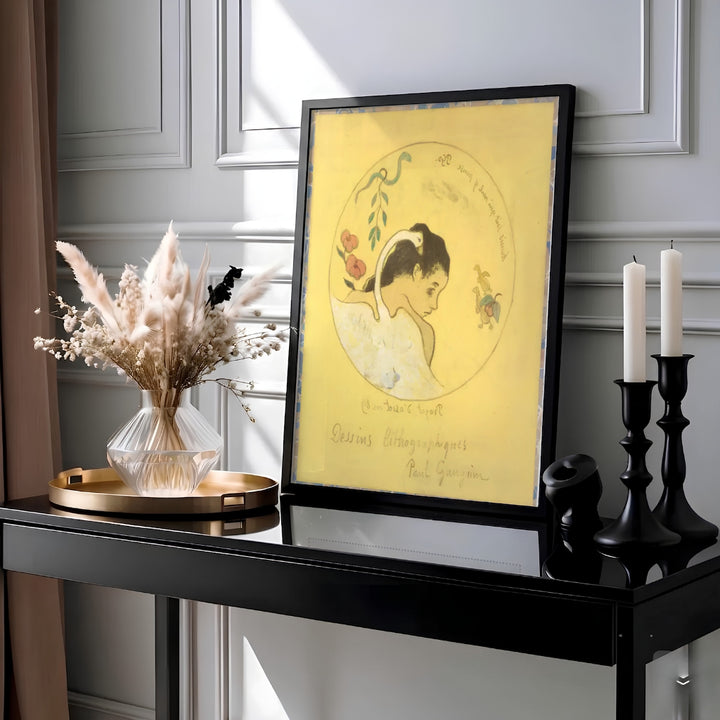 Synthetist lithograph print of Paul Gauguin Design For A Plate 1889 created in Brittany, France featuring a female figure and a white swan. Select an unframed fine art paper print, a gallery stretched canvas print, or custom framed wall decor directly from MapYourDreams for your home study.