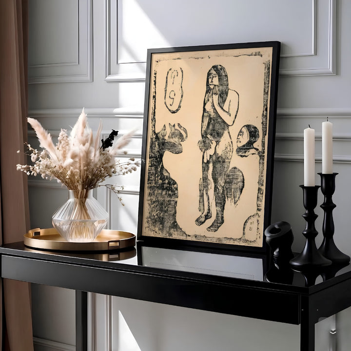 Monochromatic woodblock print of Paul Gauguin Eve Suite Of Late Woodblocks 1898 created in Tahiti, French Polynesia featuring a female figure and native animal motifs. Select an unframed fine art paper print, a gallery stretched canvas print, or custom framed wall decor directly from MapYourDreams.