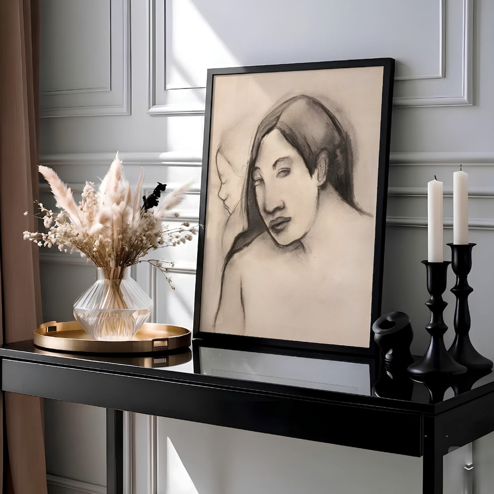 Monochromatic charcoal print of Paul Gauguin Heads Of Tahitian Women 1891 created in Tahiti, French Polynesia featuring two female portrait figures in soft shading. Select an unframed fine art paper print, a gallery stretched canvas print, or custom framed wall decor directly from MapYourDreams.
