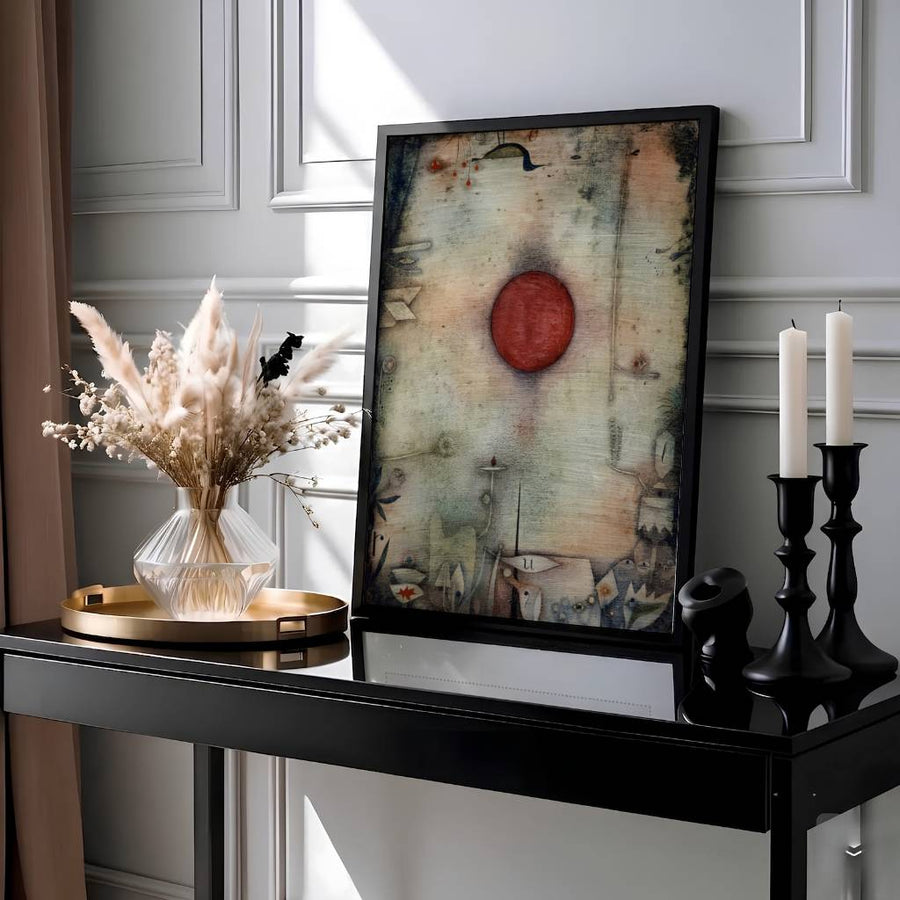 This evocative surrealist composition featuring ancient plant motifs and celestial symbols found in Ad Marginem 1930 highlights an intricate ecosystem radiating poetic mystery. Presented by MapYourDreams, this Paul Klee artwork can be selected in numerous display configurations, ranging from sleek unframed paper prints to beautifully crafted frames and premium stretched canvas wraps for modern home styling.