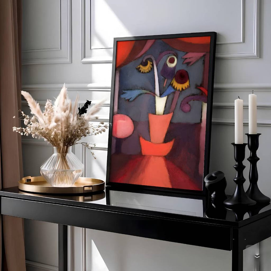 Framed by rich, theatrical drapery in burnt orange and crimson, this expressive still life study from 1932 showcases Paul Klee&