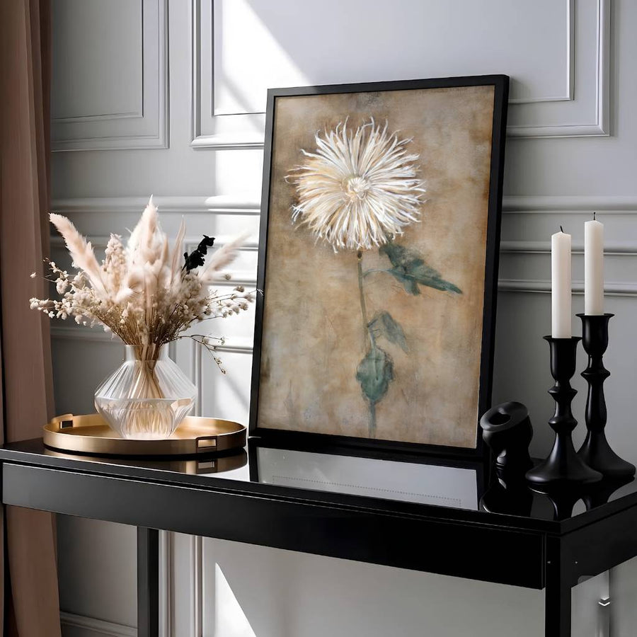 This evocative floral composition by Piet Mondrian highlights an intricate chrysanthemum bloom radiating natural elegance and organic serenity within a moody atmospheric setting. Presented by MapYourDreams as an exquisite Piet Mondrian Chrysanthemum artwork, this botanical piece can be selected in numerous display configurations, ranging from sleek unframed paper prints to beautifully crafted frames and premium stretched canvas wraps for modern home styling.