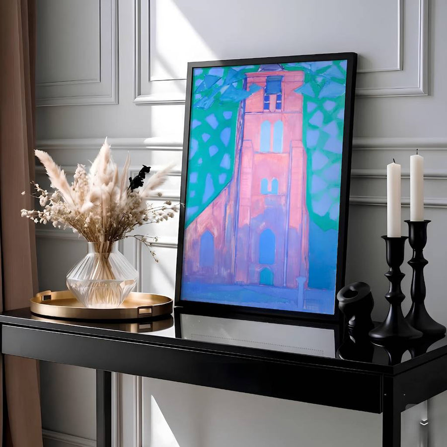 This evocative architectural composition by Piet Mondrian highlights the historic Domburg church tower radiating spiritual presence and structural expression within a luminous coastal setting. Presented by MapYourDreams as an exquisite expressionist artwork, this landmark piece can be selected in numerous display configurations, ranging from sleek unframed paper prints to beautifully crafted frames and premium stretched canvas wraps for modern home styling.