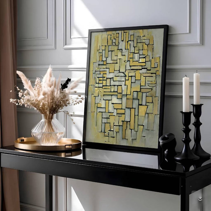 This evocative cubist composition by Piet Mondrian highlights an intricate lattice of vertical and horizontal grid lines radiating architectural depth and subtle tonal harmony within a refined pictorial field. Presented by MapYourDreams as an exquisite abstract artwork from 1913, this historic piece can be selected in numerous display configurations, ranging from sleek unframed paper prints to beautifully crafted frames and premium stretched canvas wraps for modern home styling.