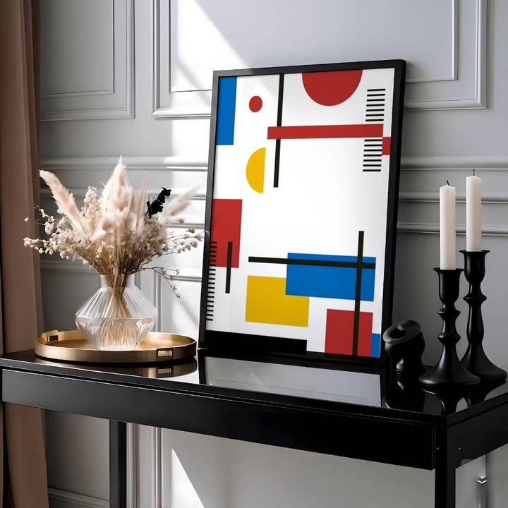 This evocative geometric composition highlights bold black vertical and horizontal lines intersecting with circular arcs and floating color rectangles to create absolute visual balance. Presented by MapYourDreams, this Piet Mondrian Style Bauhaus Geometric Abstract Art Poster, Minimalist Primary Colors Print piece can be selected in numerous display configurations, ranging from sleek unframed paper prints to beautifully crafted frames and premium stretched canvas wraps for modern home styling.