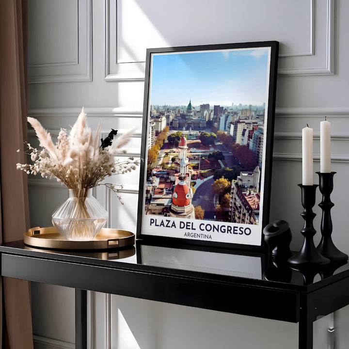 Set against a clear blue South American sky, this Plaza del Congreso wall decor displays the elegant Neoclassical architecture of Buenos Aires, meticulously crafted by MapYourDreams in high-quality paper, custom wooden framing, and floating canvas choices.