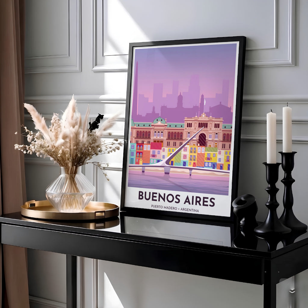 Showcasing the unique tango-inspired bridge in South America, this Puerto Madero wall art features vibrant pastel building facades and an Obelisco skyline, designed by MapYourDreams across versatile formats including unframed paper, custom frames, and canvas wraps.