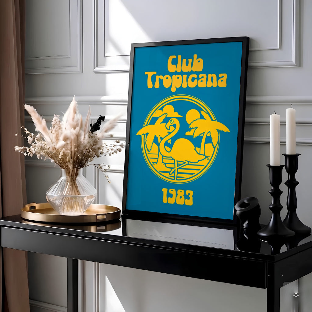 Minimalist Club Tropicana 1983 art print with teal and yellow pop-art graphic detailing, available from MapYourDreams as an unframed print, gallery wrapped canvas decor, or custom framed print in pure gold and silver finishes to elevate vintage entertainment room walls.