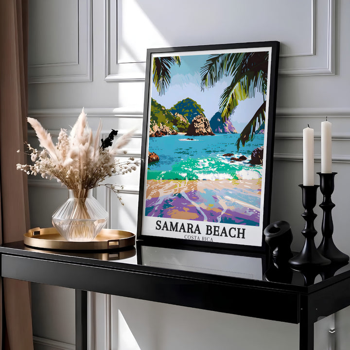 Golden shoreline sands, turquoise waters, and distant islands of Samara Beach highlight this Costa Rica print. MapYourDreams offers archival framed, unframed, and gallery canvas decor formats.