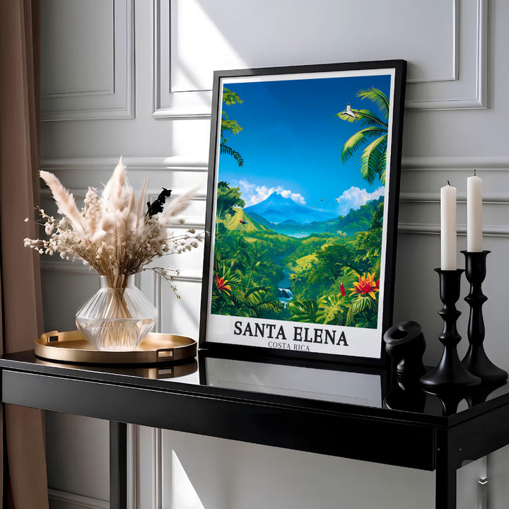 Vibrant red and orange tropical blossoms frame a view of Santa Elena and Arenal Volcano in Costa Rica on this print. MapYourDreams offers archival framed, unframed, and gallery canvas decor formats.