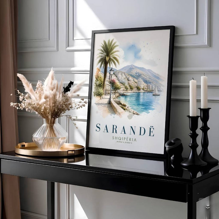 Showcasing the famous palm-lined promenade of Sarandë Albania with geographic coordinates 39.8756° N, 20.0053° E, this travel print brings Mediterranean vacation warmth home. Available through MapYourDreams with display choices like unframed paper stock, custom frames, and stretched canvas options.