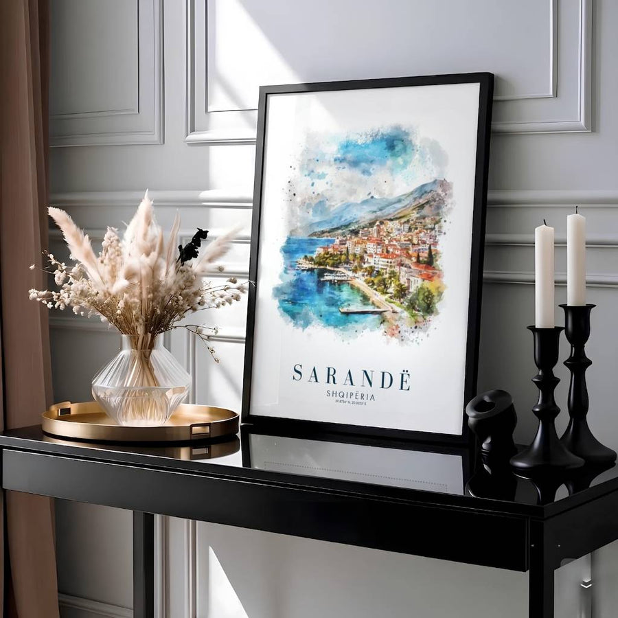 Showcasing the famous coastal bay panorama of Sarandë Albania with geographic coordinates 39.8756° N, 20.0053° E, this travel print brings Mediterranean warmth home. Available through MapYourDreams with display choices like unframed paper stock, custom frames, and stretched canvas options.