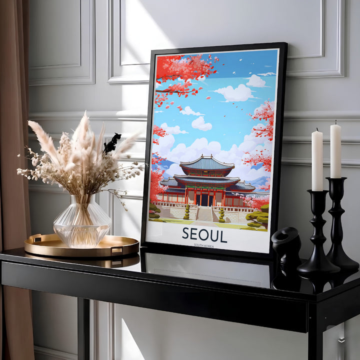 Elegant Asian architectural wall art depicting the historic Gyeongbokgung Palace main hall in Seoul, South Korea, enveloped in soft pink spring blossoms and lush green bonsai pines. Offered by MapYourDreams, this artwork is available in flexible options including unframed paper, custom wooden frames, and gallery canvas wraps.