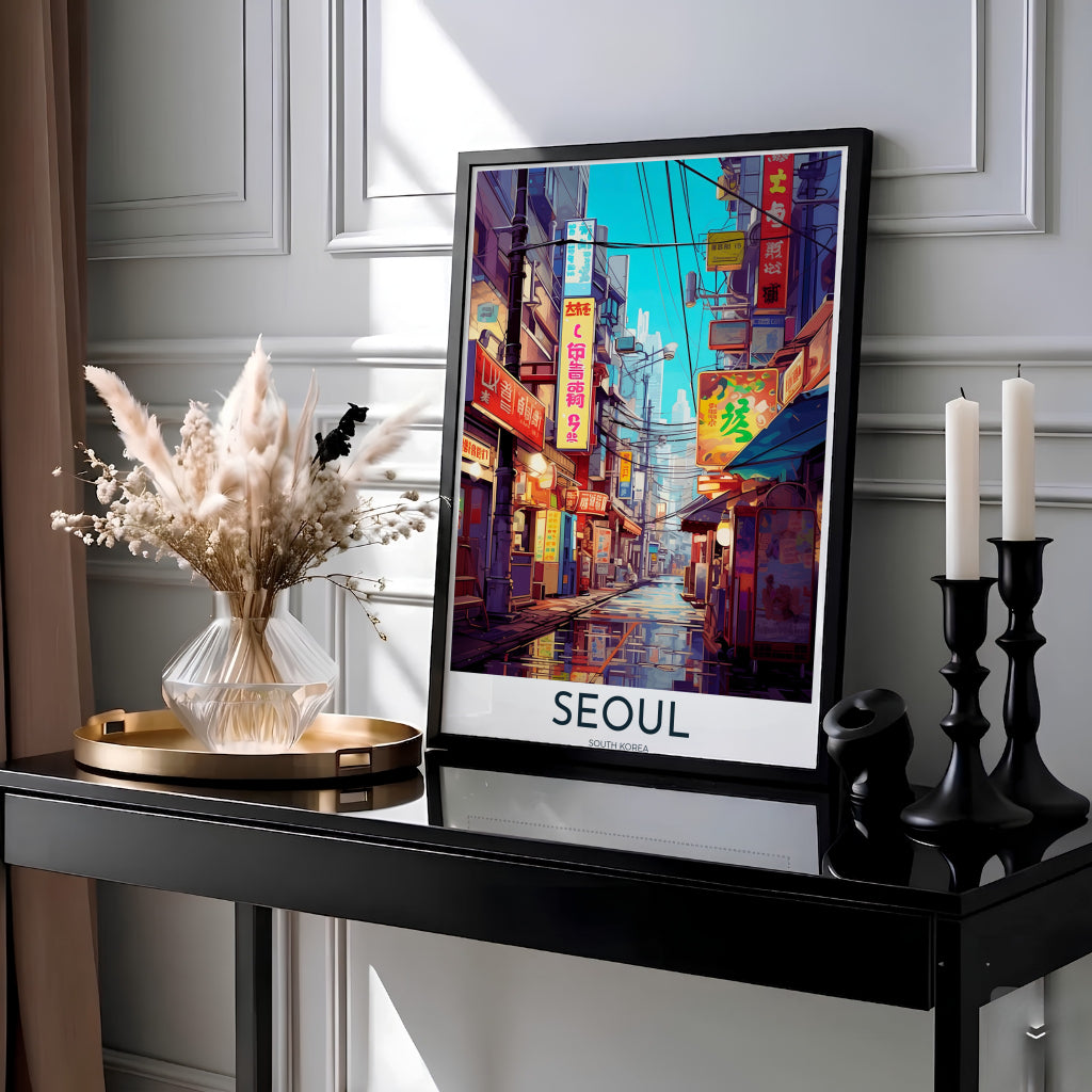 Cyberpunk-inspired aesthetic wall art showcasing a narrow nightlife street in Seoul, South Korea, with illuminated red and gold signage, utility poles, and distant skyscrapers standing under a twilight sky. Offered by MapYourDreams, this artwork is available in flexible options including unframed paper, custom wooden frames, and gallery canvas wraps.