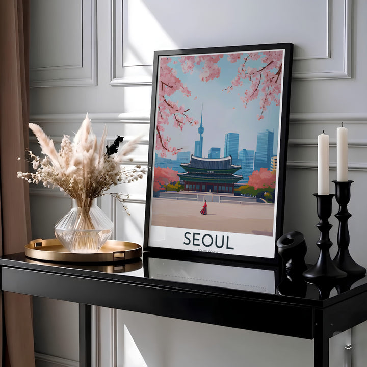 Serene Asian travel print capturing the contrast of ancient Joseon dynasty architecture and modern skyscrapers in Seoul, South Korea, framed by spring cherry blossom petals under a pale blue sky. Offered by MapYourDreams, this artwork is available in flexible options including unframed paper, custom wooden frames, and gallery canvas wraps.