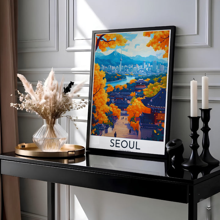 Vibrant Asian travel print illustrating autumn in Seoul, South Korea, showing pedestrians walking along a stone pathway surrounded by glowing golden maple and ginkgo branches overlooking the city skyline. Offered by MapYourDreams, this artwork is available in flexible options including unframed paper, custom wooden frames, and gallery canvas wraps.
