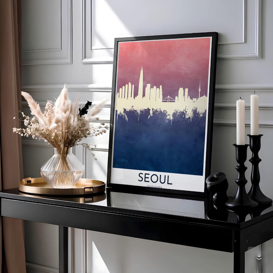 Modern urban silhouette print showcasing the skyline of Seoul, South Korea, including Banpo Bridge and high-rise architecture floating above an indigo textured reflection. Offered by MapYourDreams, this artwork is available in flexible options including unframed paper, custom wooden frames, and gallery canvas wraps.