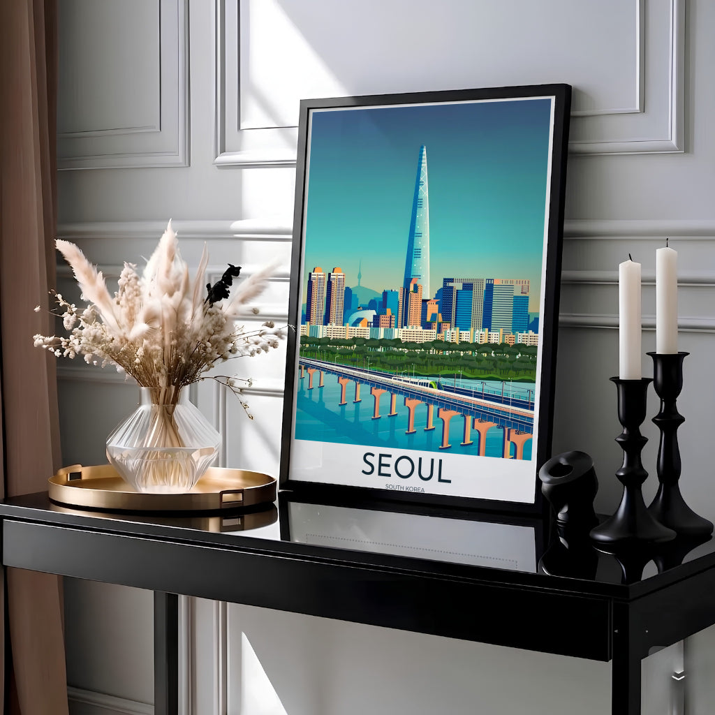 Retro teal vector poster depicting the modern Seoul South Korea skyline and Han River train bridge, crafted by MapYourDreams in custom black frames, natural wooden finishes, and fine art canvas prints.
