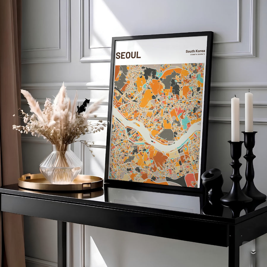 Earth-toned geometric city map wall art displaying the winding Han River across Seoul, South Korea, supplied by MapYourDreams in adaptable styles including unframed paper, custom black frames, and fine gallery canvas prints ideal for Japandi and Scandinavian aesthetic setups.
