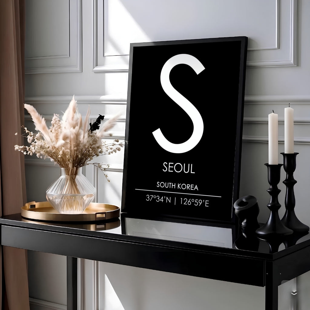 Clean architectural seoul south korea monogram letter S print with bottom typography and coordinates, created by MapYourDreams across options like unframed paper, custom black frames, and fine gallery canvas prints ideal for Scandinavian and minimalist home aesthetic setups.