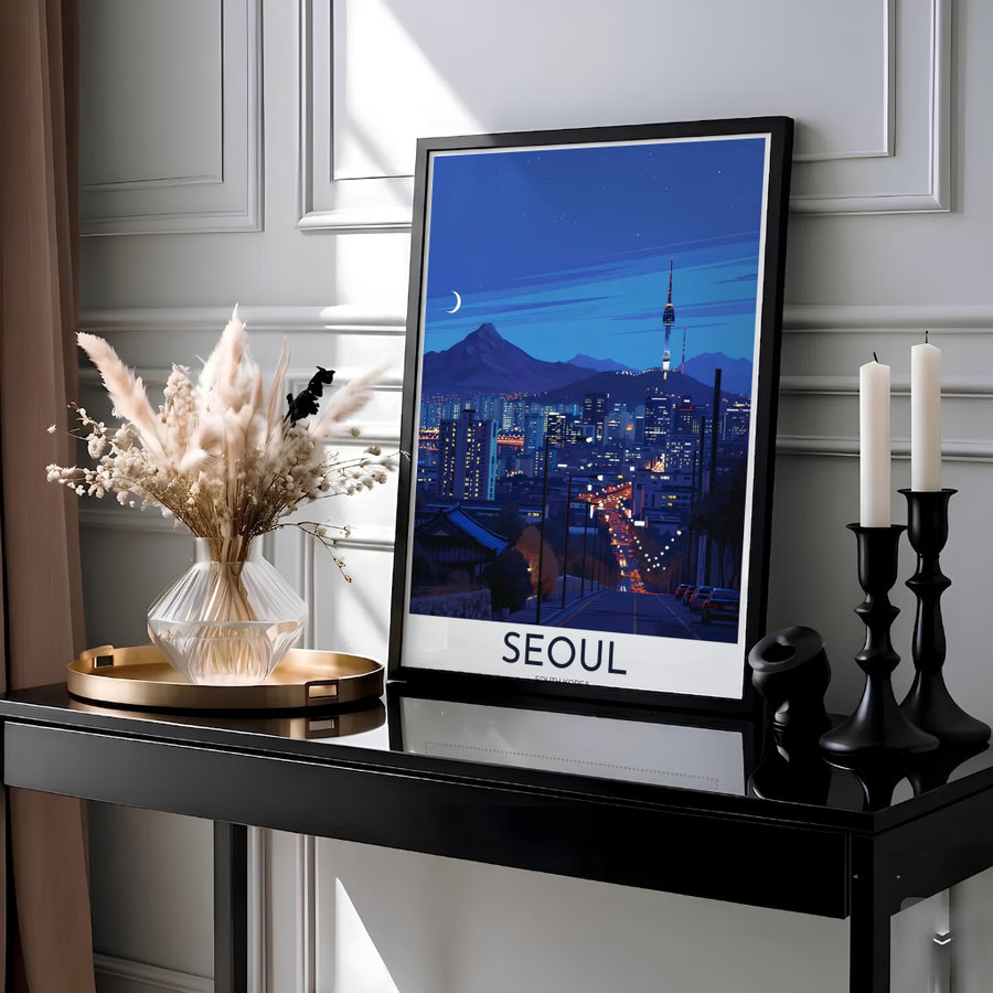Vector illustration poster capturing an evening view of Seoul South Korea with traditional roofs and illuminated skyscrapers, supplied by MapYourDreams in adaptable styles including unframed paper, custom black frames, and fine gallery canvas prints ideal for cozy bedroom wall art setups.