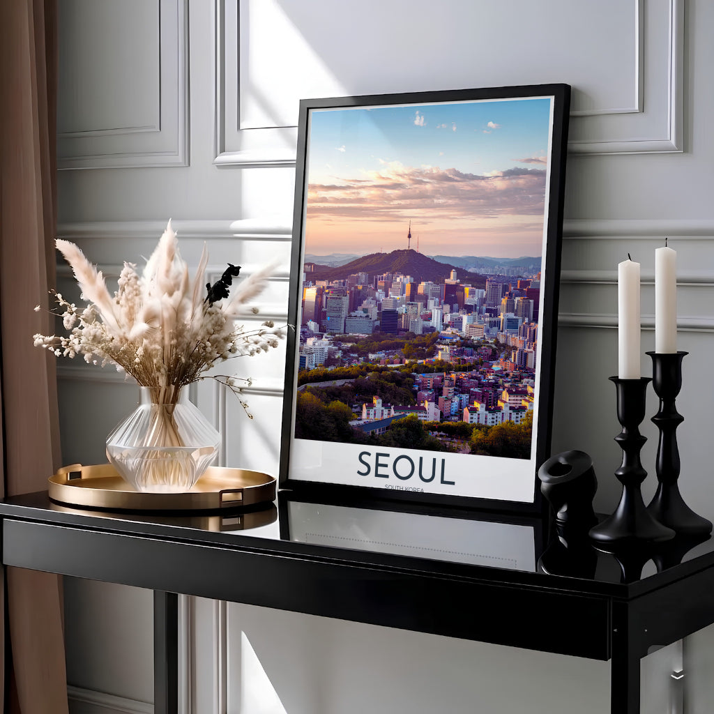 Scenic twilight wall art showcasing N Seoul Tower silhouetted against a peach and blue sunset horizon, created by MapYourDreams across options like archival unframed prints, solid frames, and canvas wraps that bring serene Asian travel charm to any gallery wall.