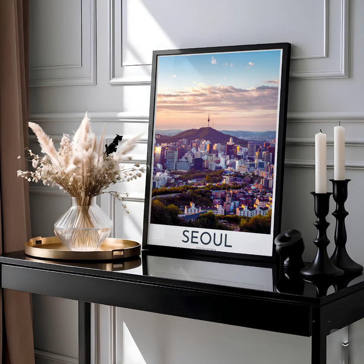 Scenic twilight wall art showcasing N Seoul Tower silhouetted against a peach and blue sunset horizon, created by MapYourDreams across options like archival unframed prints, solid frames, and canvas wraps that bring serene Asian travel charm to any gallery wall.