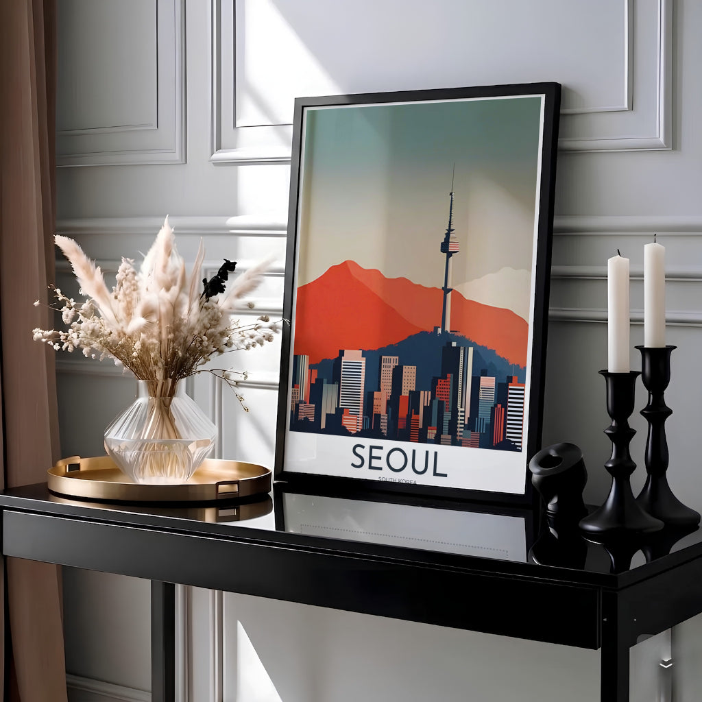 Graphic vector landscape poster capturing Namsan Mountain peak and N Seoul Tower under a muted blue-grey sky in Seoul South Korea, supplied by MapYourDreams in adaptable styles including unframed paper, custom black frames, and fine gallery canvas prints ideal for home office wall art setups.