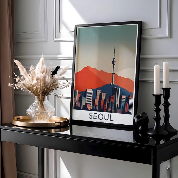Graphic vector landscape poster capturing Namsan Mountain peak and N Seoul Tower under a muted blue-grey sky in Seoul South Korea, supplied by MapYourDreams in adaptable styles including unframed paper, custom black frames, and fine gallery canvas prints ideal for home office wall art setups.