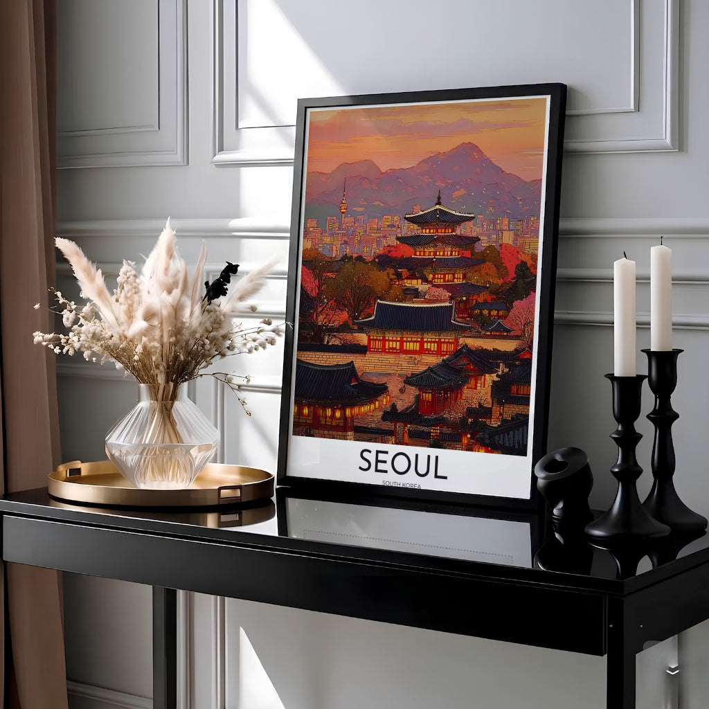 Painterly oriental landscape poster capturing historic Joseon palace courtyards framing a glowing city skyline in Seoul South Korea, supplied by MapYourDreams in adaptable styles including unframed paper, custom black frames, and fine gallery canvas prints ideal for dining room wall art setups.