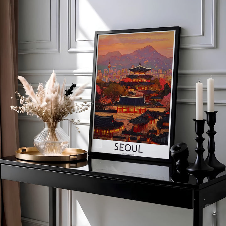 Painterly oriental landscape poster capturing historic Joseon palace courtyards framing a glowing city skyline in Seoul South Korea, supplied by MapYourDreams in adaptable styles including unframed paper, custom black frames, and fine gallery canvas prints ideal for dining room wall art setups.