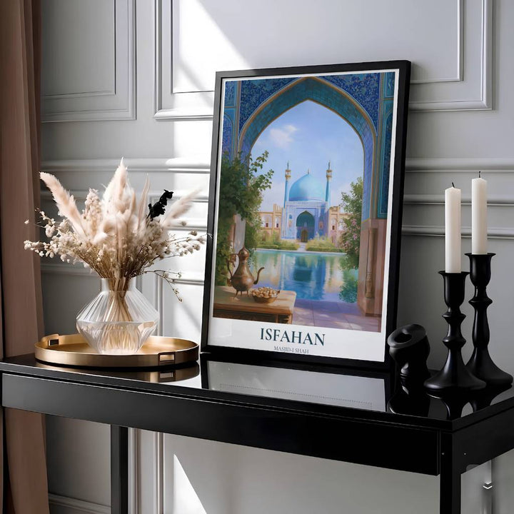 Architectural art print of Isfahan Shah Mosque with cobalt blue tile arch framing a sunlit courtyard pool and clean title text at base. Presented by MapYourDreams, this artwork is available in flexible options including unframed paper, custom wooden frames, and gallery canvas wraps for living room art.