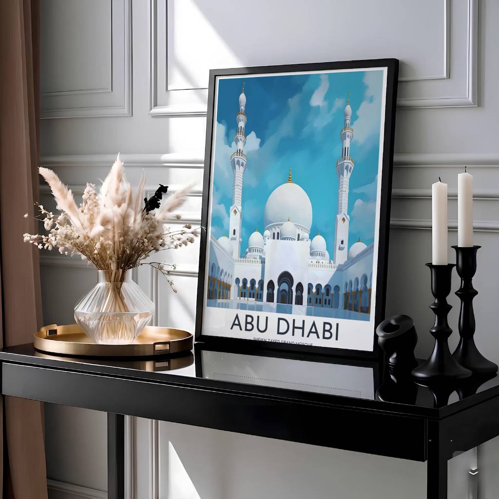 Fine art illustration print of Abu Dhabi Grand Mosque with courtyard water reflections, tall minarets, and clean title text at the base. Presented by MapYourDreams, this artwork is available in flexible options including unframed paper, custom wooden frames, and gallery canvas wraps for living room art.