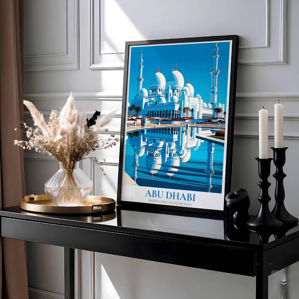 Architectural vector print of Abu Dhabi Grand Mosque with blue water reflections, golden crescents, and clean title text at the base. Presented by MapYourDreams, this artwork is available in flexible options including unframed paper, custom wooden frames, and gallery canvas wraps for living room art.