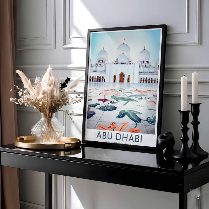 Architectural watercolor print of Abu Dhabi Grand Mosque with marble floral floor details, golden entrance arches, and clean title text at base. Presented by MapYourDreams, this artwork is available in flexible options including unframed paper, custom wooden frames, and gallery canvas wraps for living room art.