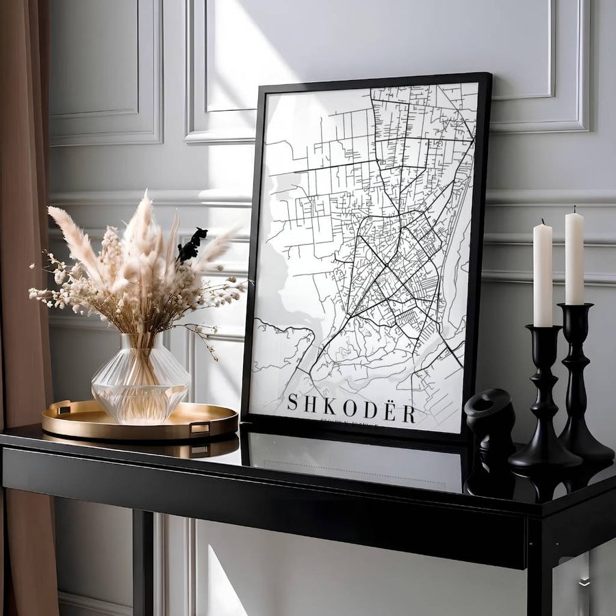 Showcasing the historical geography of Shkodër and the surrounding northern Albanian landscape, this black-and-white wall art print brings sleek Scandinavian minimalism home. Available through MapYourDreams, customers can choose unframed prints, ready-to-hang wooden frames, or gallery-wrapped canvas.