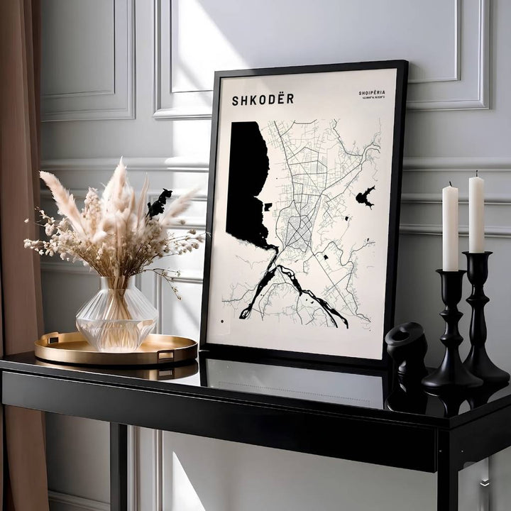 Showcasing the historical geography and hydrology of Shkodër and northern Albania, this off-white wall art print brings sleek Scandinavian minimalism home. Available through MapYourDreams, customers can choose unframed prints, ready-to-hang wooden frames, or gallery-wrapped canvas.