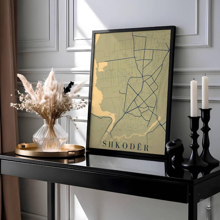 Showcasing the historical geography and tranquil lake waters of Shkodër, this vintage wall art print brings mid-century warmth home. Available through MapYourDreams with display choices like unframed paper stock, custom frames, and stretched canvas options.