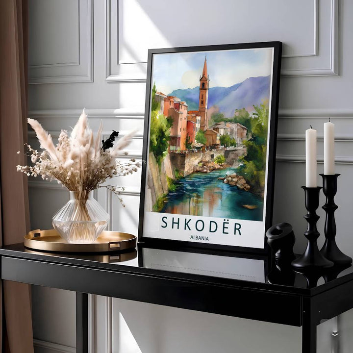 Showcasing the famous river townscape and emerald waters of Shkodër Albania, this travel print brings Mediterranean cultural warmth and heritage home. Available through MapYourDreams with display choices like unframed paper stock, custom frames, and stretched canvas options.