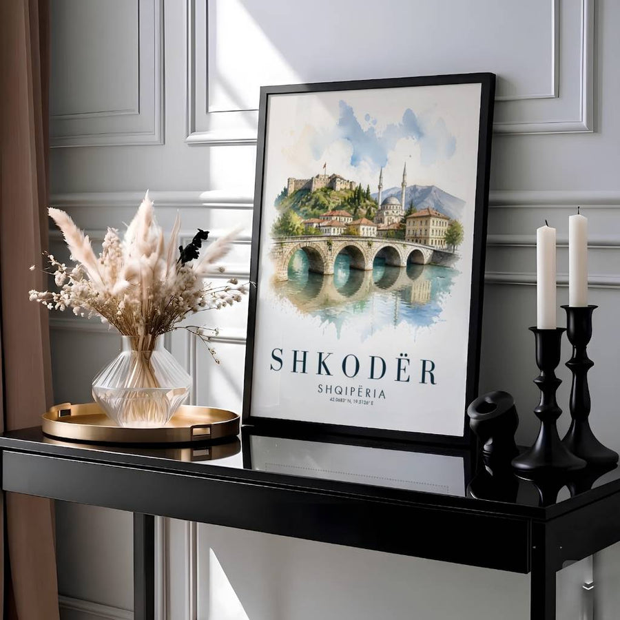 Showcasing the famous Rozafa fortress and historic stone bridge of Shkodër Albania, this travel print brings Mediterranean cultural warmth and heritage home. Available through MapYourDreams with display choices like unframed paper stock, custom frames, and stretched canvas options.