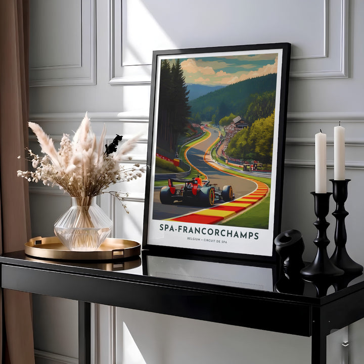 Retro travel poster design showcasing the famed Spa-Francorchamps track in the Belgian countryside under soft sunlight. Offered by MapYourDreams, this artwork is available in flexible options including unframed paper, custom wooden frames, and gallery canvas wraps.