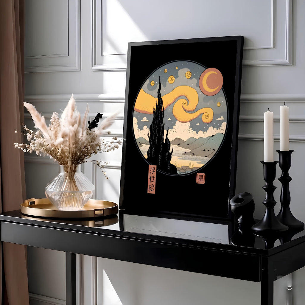 Japanese woodblock master art print of Vincent van Gogh Starry Night Ukiyo E 1889 showing a circular vignette of Saint-Rémy-de-Provence and Mount Fuji. MapYourDreams supplies custom framed paper prints, unframed wall art, and stretched canvas prints ideal for minimalist interior wall spaces.