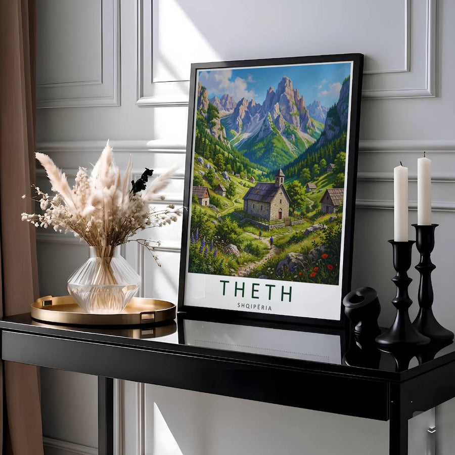 Showcasing the famous alpine village and stone church of Theth Albania, this travel print brings rugged Balkan mountain wilderness home. Available through MapYourDreams with display choices like unframed paper stock, custom frames, and stretched canvas options.