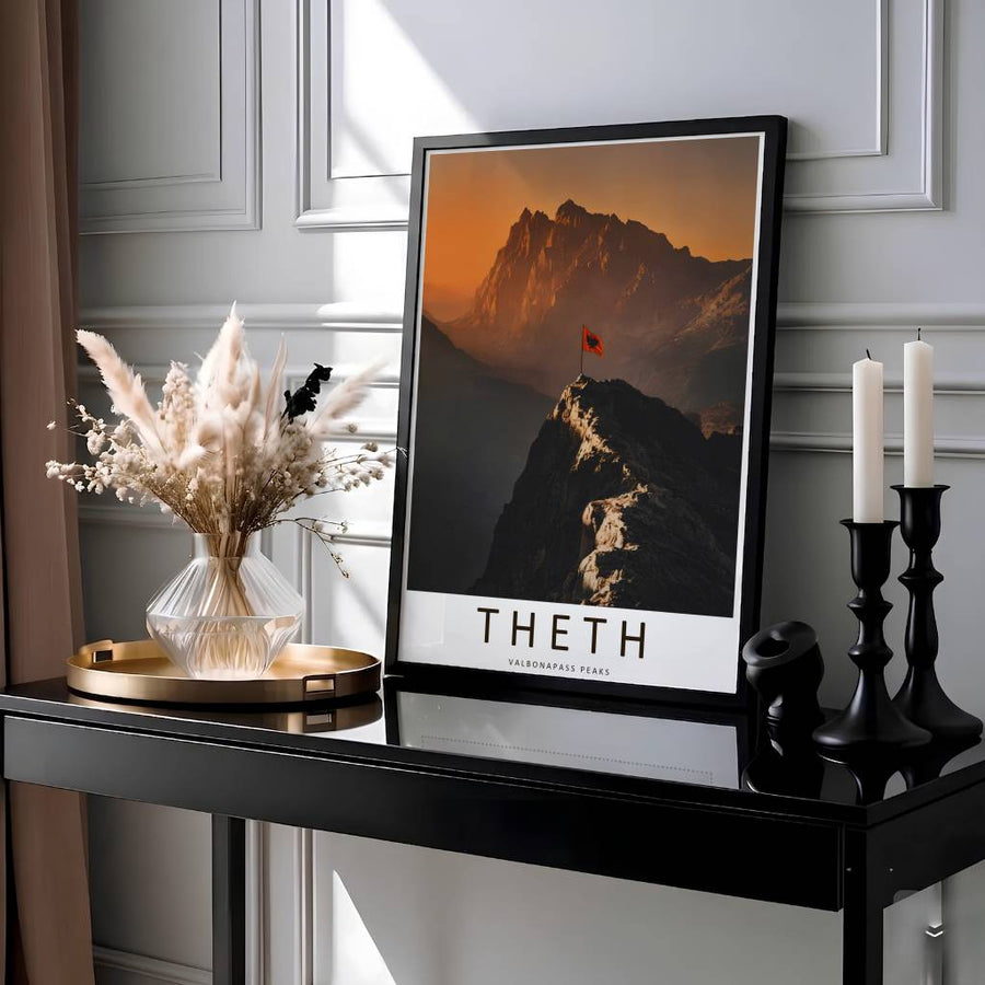 Showcasing the majestic summit of Valbona Pass Albania, this adventure travel print brings rugged Balkan mountain wilderness and hiking triumph home. Available through MapYourDreams with display choices like unframed paper stock, custom frames, and stretched canvas options.
