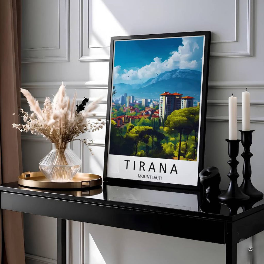 Showcasing the famous capital skyline and Mount Dajti panorama of Tirana Albania, this vintage travel print brings Balkan energy home. Available through MapYourDreams with display choices like unframed paper stock, custom frames, and stretched canvas options.