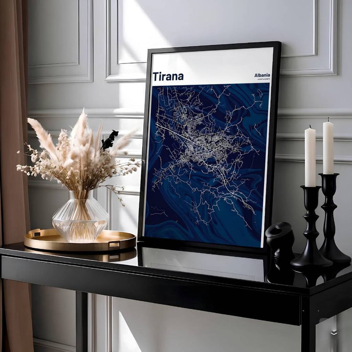 Showcasing the historical geography and urban layout of Tirana and the surrounding Albanian capital region, this blue marble wall art print brings sleek modern luxury home. Available through MapYourDreams, customers can choose unframed prints, ready-to-hang wooden frames, or gallery-wrapped canvas.