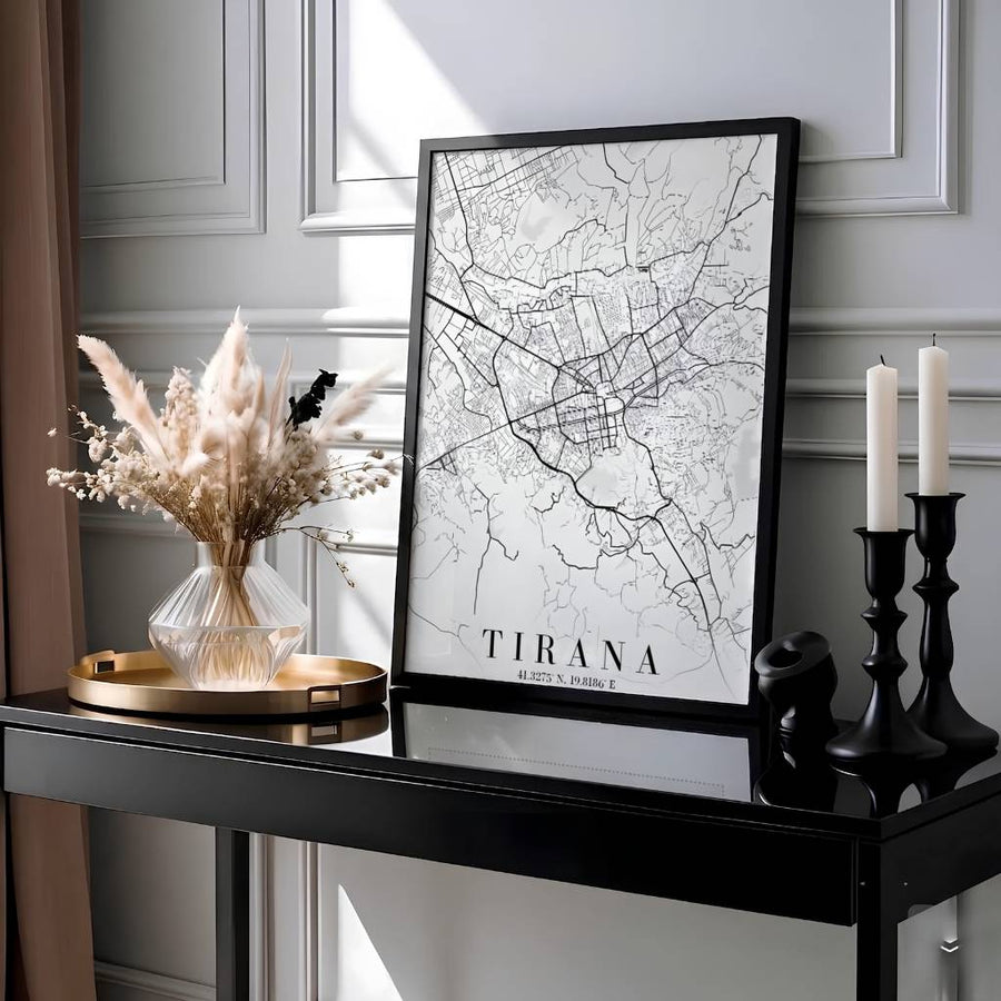 Showcasing the historical geography and urban layout of Tirana and the surrounding Albanian capital region, this monochrome wall art print brings sleek modern minimalism home. Available through MapYourDreams, customers can choose unframed prints, ready-to-hang wooden frames, or gallery-wrapped canvas.